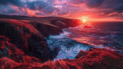 A spectacular sunset over a rugged coastline with waves crashing against the cliffs under a fiery...