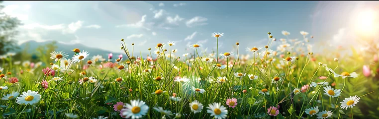 Foto op Plexiglas Beautiful spring landscape with meadow flowers and daisies in the grass. Natural summer panorama © Rana
