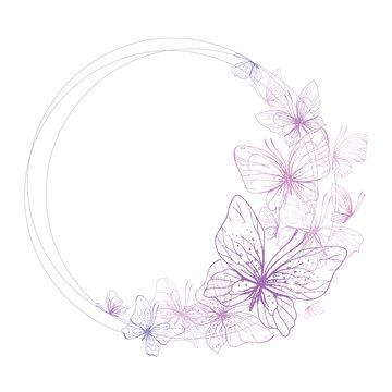 Butterflies are pink, blue, lilac, flying, delicate line art. Graphic illustration hand drawn in pink, lilac ink. Circle frame, template EPS vector.