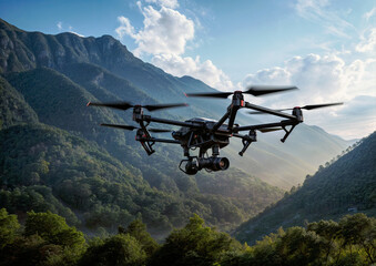 Drone with digital camera flying over mountains. 3D rendering.