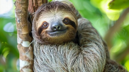 Cute sloth hanging on tree branch with funny face look, perfect portrait of wild animal in the Rainforest of Costa Rica scratching the belly, Bradypus variegatus, brown-throated three-toed sloth - obrazy, fototapety, plakaty