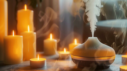 Serene Aromatherapy Corner with Diffuser and Candles - obrazy, fototapety, plakaty