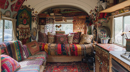 Packed with colorful textiles and accessories, this camper van embodies the ultimate bohemian lifestyle with its rich patterns and earthy tones