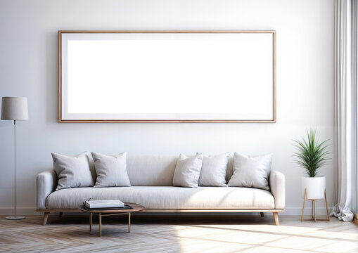 Interior of modern living room with white sofa and picture frame on wall