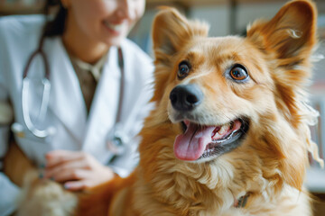 dog at the veterinary clinic, being examined by the vet, receiving medical attention