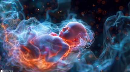 Cosmic womb with a neon fractal-illuminated baby, symbolizing new life's vibrant potential - Generative AI