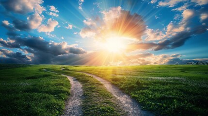 A scenic trail winds through vibrant green fields under a dramatic sky with a radiant sunburst.