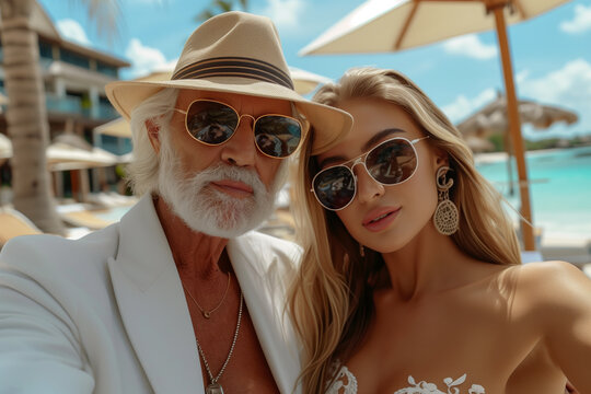 Stylish couple with age difference enjoying a luxurious beach resort vacation.