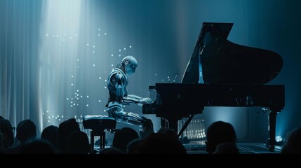 Robot pianist performing in concert hall in front of live audience
