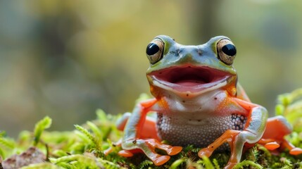 Gliding frog look like laughing on moss, Flying frog laughing, animal closeup, Gliding frog (Rhacophorus reinwardtii) sitting on moss, Indonesian tree frog
