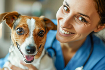 Dog at the veterinary clinic, in the hands of a veterinarian, animal health service.