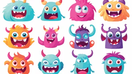 Deurstickers Monster Funny Smiling Toothy Monsters with Horns Vector Set