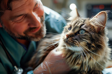 cat at the veterinary clinic, getting veterinary attention, pet health evaluation, feline care