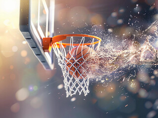 A basketball ball flies fast into a basketball basket. Sport game banner 