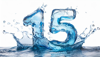 Number 15 made of water with splashes on white background. Blue liquid figure. 3D rendering.