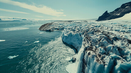 A stark image of a glacier melting rapidly with streams of water flowing into the ocean.