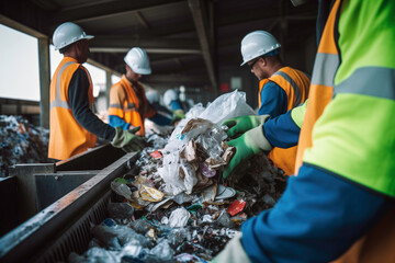 Workers in protective suits sort recyclable plastic bottles at a waste recycling facility