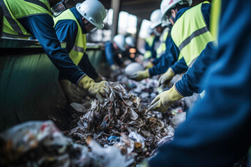Workers in protective suits sort recyclable plastic bottles on a conveyor belt at a waste and trash recycling facility - obrazy, fototapety, plakaty