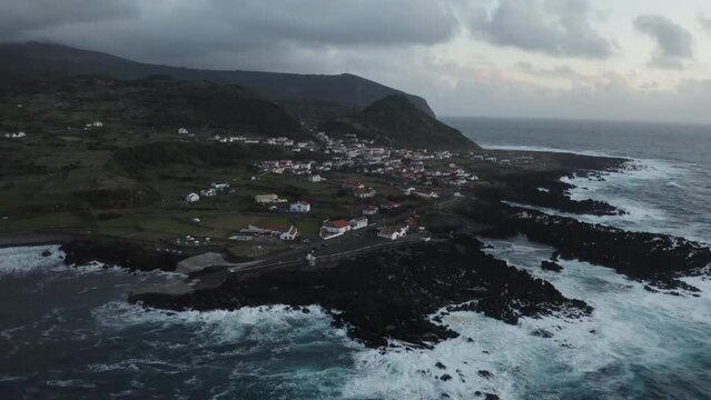 Aerial view of Cascata do Poco do Bacalhau, Faja Grande, Azores Islands, Portugal