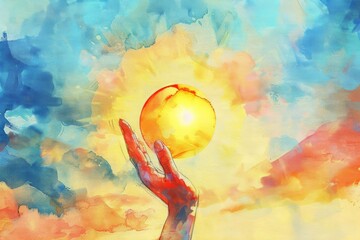 手のひらから太陽が浮かんでいる水彩画イラスト（太陽・光・空・幻想・スピリチュアル） - obrazy, fototapety, plakaty