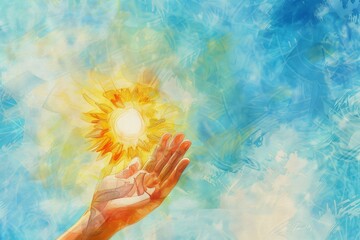 手のひらから太陽が浮かんでいる水彩画イラスト（太陽・光・空・幻想・スピリチュアル）