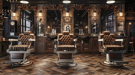 A classic, high-end barber shop with luxurious leather chairs, wooden furnishings, and vintage...
