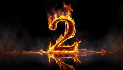 Number 2 made of fire flame on black background. Hot orange blaze. 3D rendering.