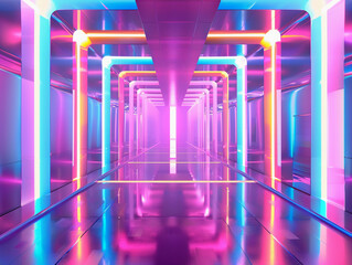 A digital illustration of a futuristic corridor bathed in vibrant neon lights, with a perspective that draws the eye towards infinity. Resplendent. 