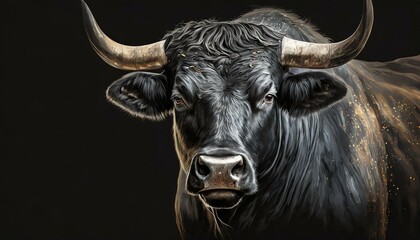 Portrait of black bull on black background with copy space. animal wildlife