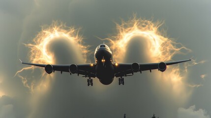 A plane is flying through a storm with a bright light around it