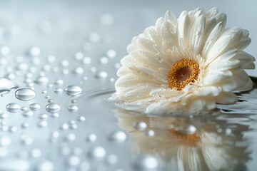 White gerbera lies amidst scattered water droplets, creating a reflective, tranquil ambiance