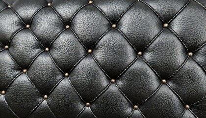 Black leather upholstery. Close-up texture of genuine leather with black rhombic stitching. Luxury background. black leather texture with buttons for pattern and background