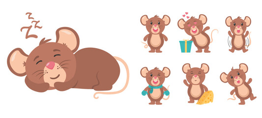 Funny little grey mouse collection. Mouse cartoon animal, little rodent adorable, happy cheerful mascot vector illustration. Set of cute mice on white background. Little rat with food, character.