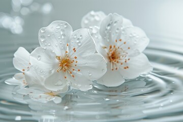 Delicate cherry blossoms with water droplets float serenely on a tranquil water surface