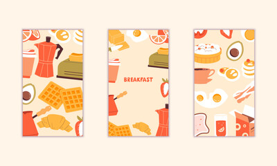 
Set of gentle vector business cards on the theme of breakfast, cafe, food

