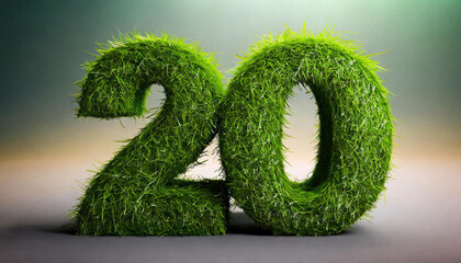 Number 20 made of green grass. Natural figure. 3D rendering.
