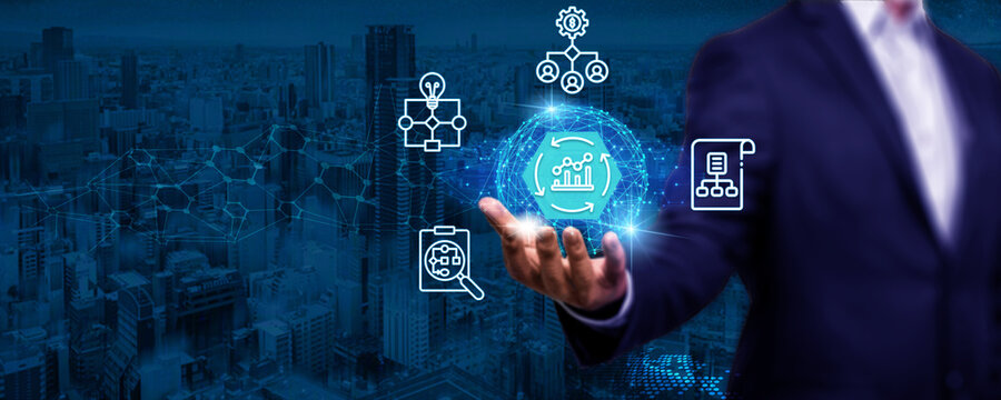 Concept of business workflow process management. Workflow automation system including a data graphic showing the departments' hierarchical structure inside a company. digital change.