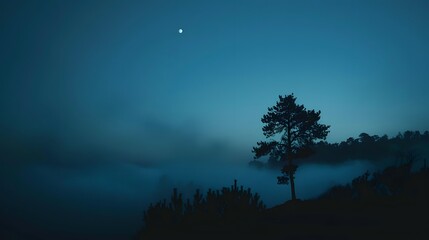 Lone Tree in Misty Moonlit Night Landscape - Powered by Adobe