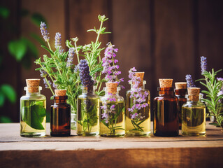 An assortment of essential oil bottles with fresh plants from which they're derived, like lavender, peppermint, and rosemary, arranged on a wooden surface. 