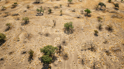 A vast area of land experiencing desertification with sparse vegetation and dry soil.