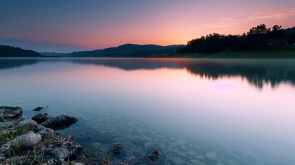 Fototapeta premium A beautiful lake with a blue sky in the background