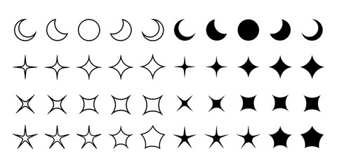 Graphic shapes collection with stars, blinks and moon phases in outline and bold variants, y2k design elements, vector illustration.