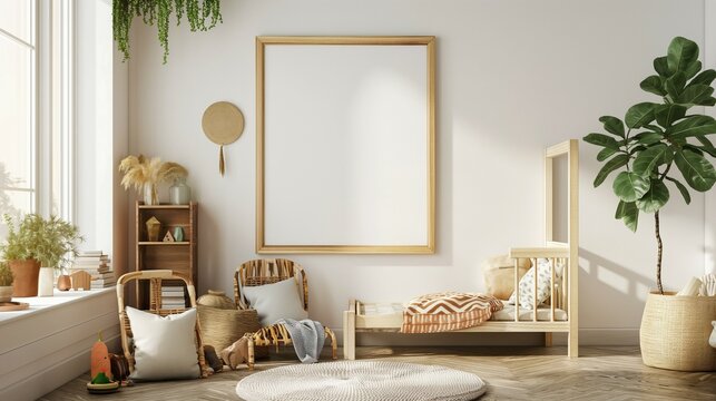 frame Mockup, baby room home interior, 3d render