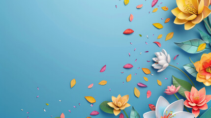 Blue background with colorful paper flowers, generative ai
