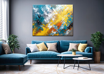 Interior of modern living room with blue sofa, coffee table and poster