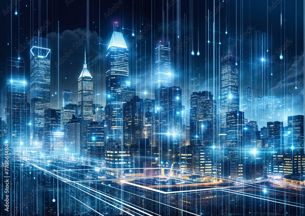 Aufkleber modern cityscape with glowing lights and digital interface. 3d rendering