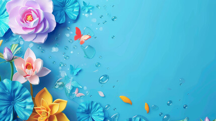 Obraz na płótnie Canvas Blue background with colorful paper flowers, generative ai