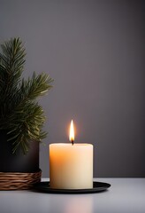 spruce twig and white burning candle on black background for obituary notice, funeral announcement, necrology
