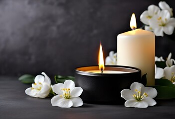white flowers and burning black and white candles on black background for obituary notice, funeral announcement, necrology