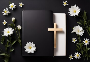 cross and white flowers and book on black background for obituary notice, funeral announcement, necrology